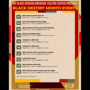 Graphic of a calendar page featuring events for Black History Month